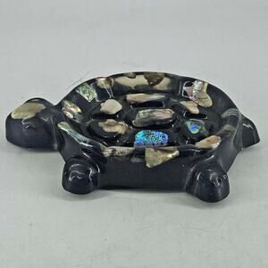 Vintage Mid Century Modern black lucite turtle abalone trinket soap dish